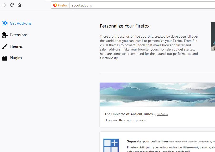 about addons command to Personalize Your Firefox