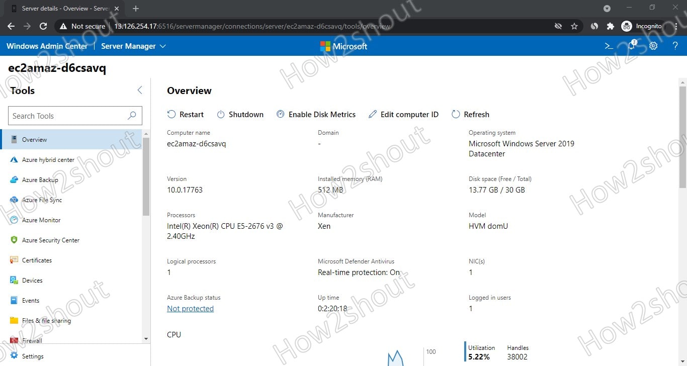 AWS LightSail installed Windows 2019 server with Windows Admin Center