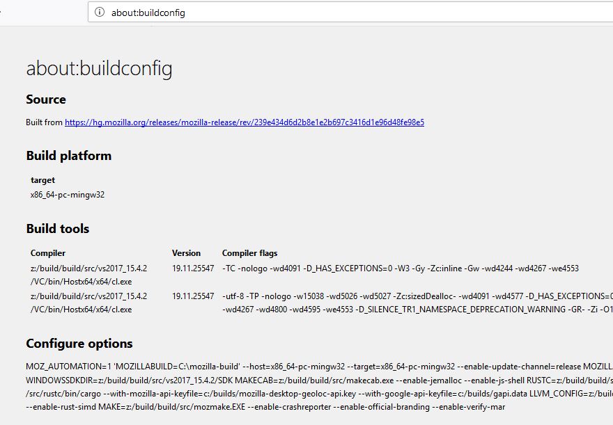 Firefox about buildconfig command