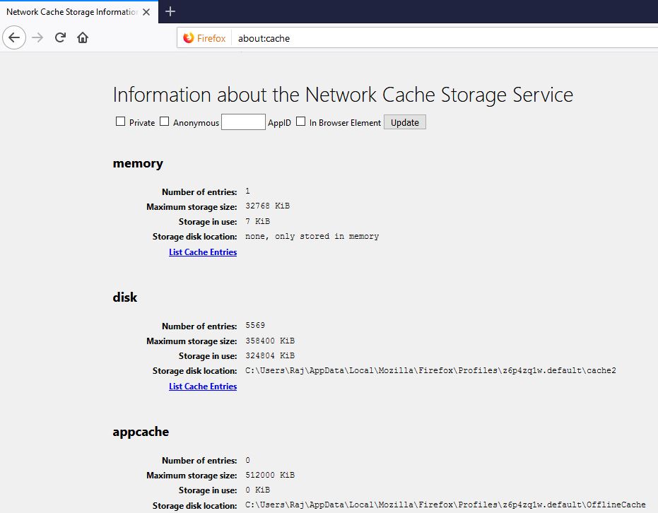 Firefox about cache command