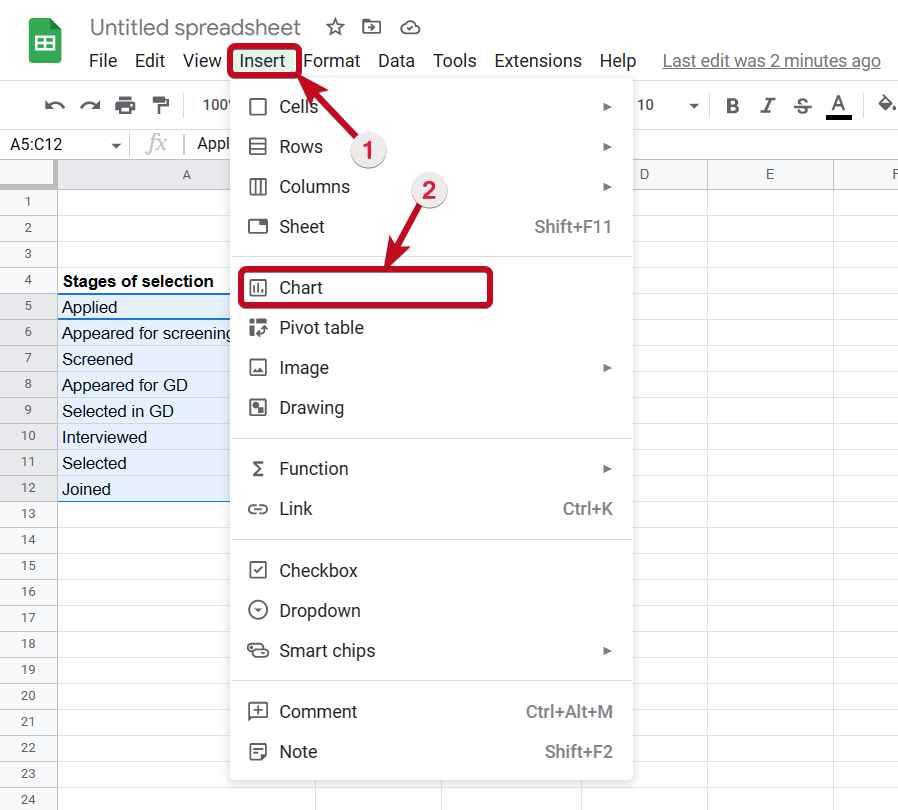 Insert chart in Google Sheets 