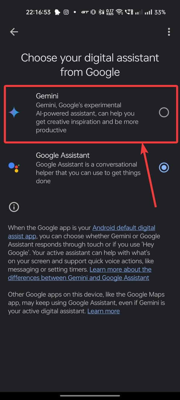 Choose Gemini as Default Digital Assitant from Google