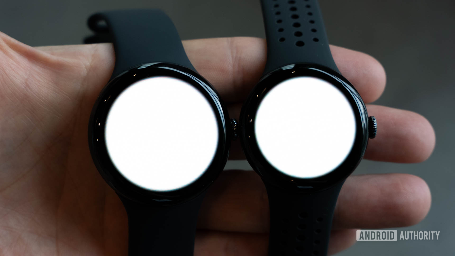 Google Pixel Watch 3 in both 45mm and 41mm sizes with flashlight on showing how thick the bezels are