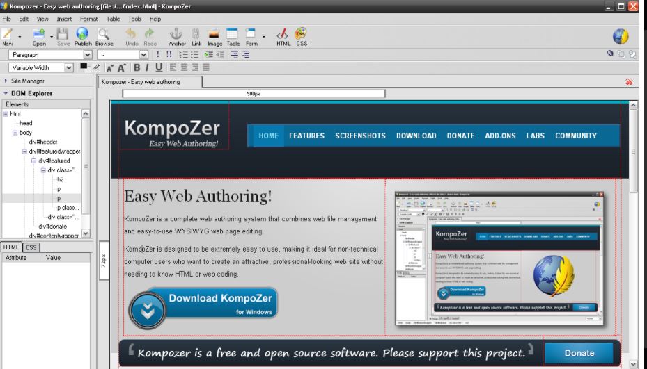 Kompozer web page editing software