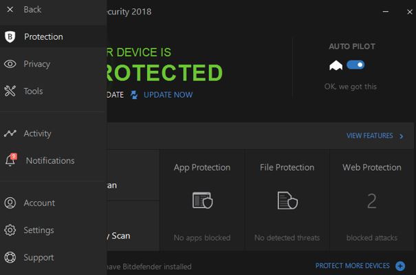 Menu of Bitdefender total security 2018 review