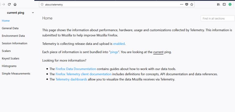 Mozilla Firefox Telemetry easter eggs command