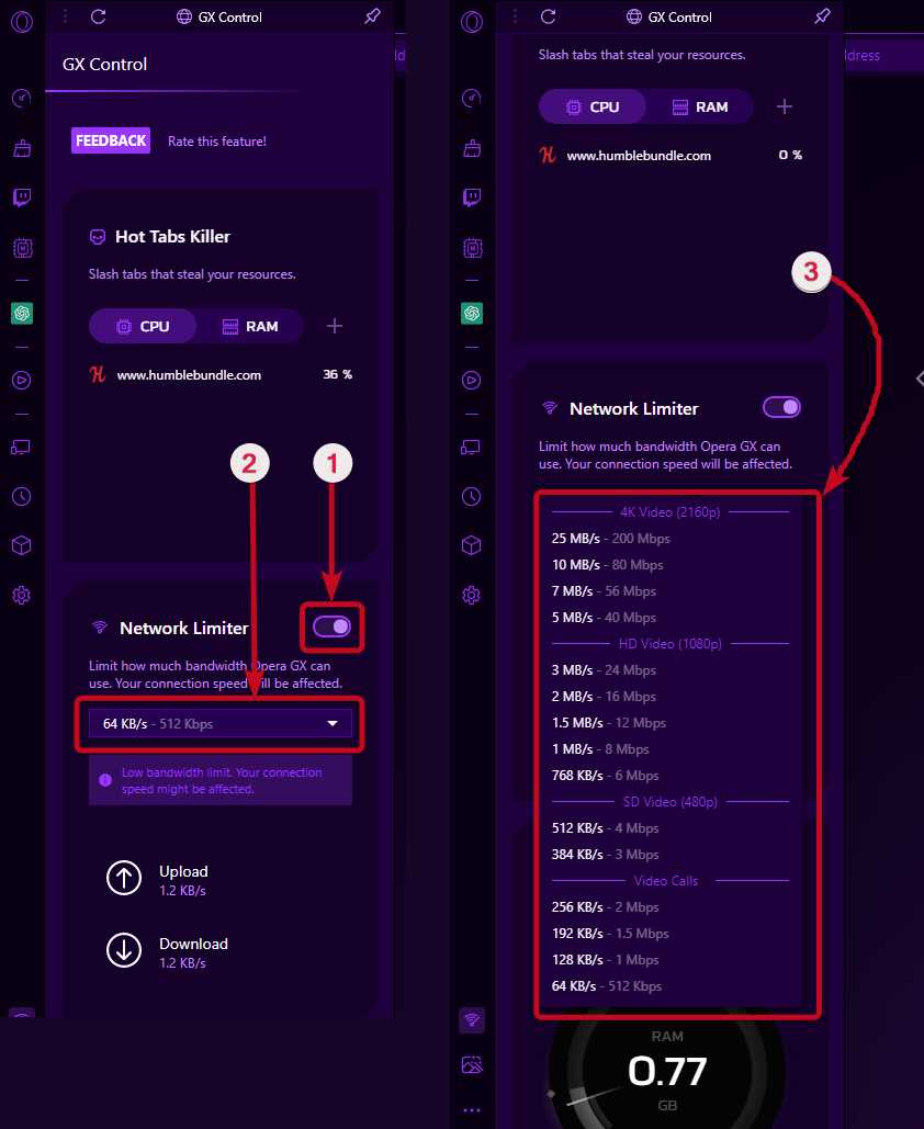 limit bandwidth for Opera GX