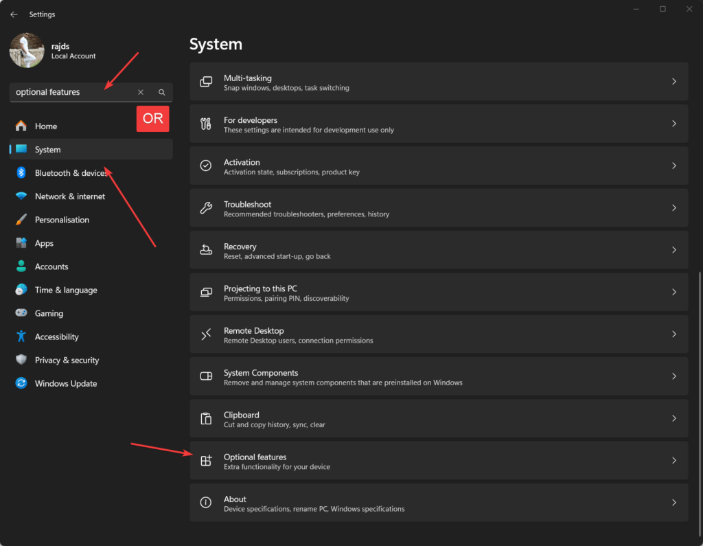 Access Optional Features of WIndows 11 or 10