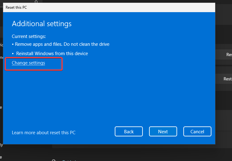 Addtional Settings for resetting PC