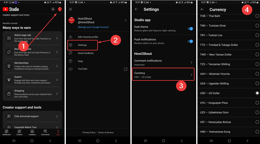 change the currency in Youtube studio mobile app