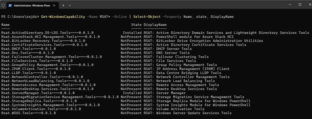 Command for lisiting available RSAT Tools