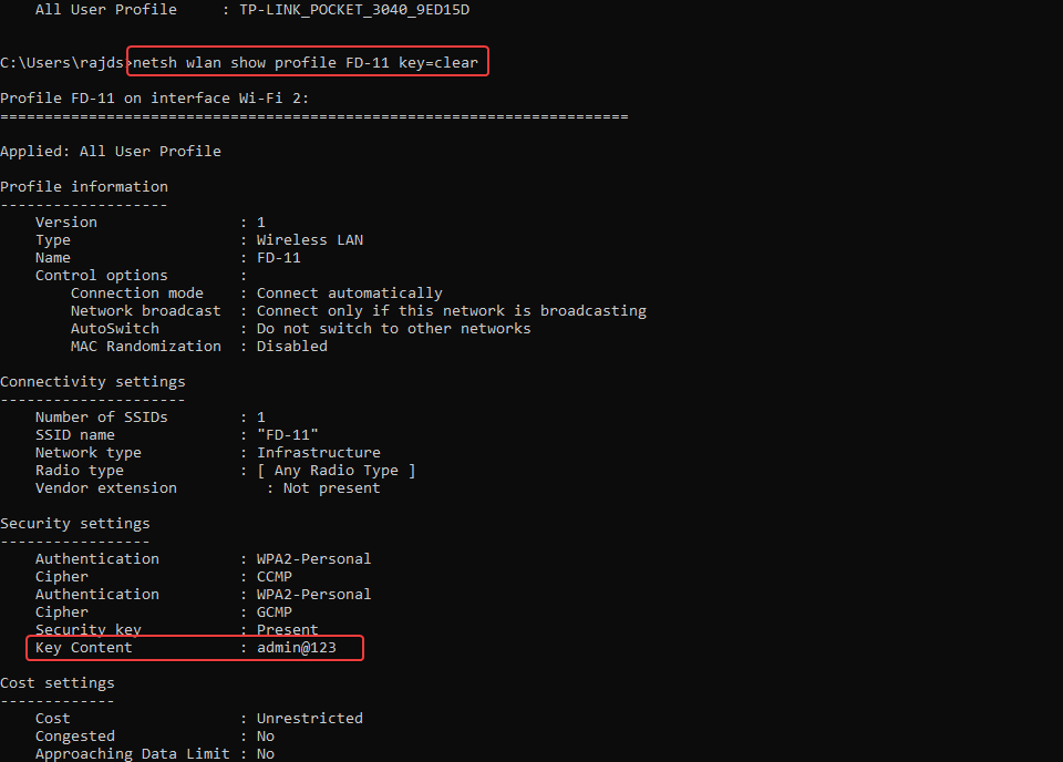 command prompt to find WIfi password on windows