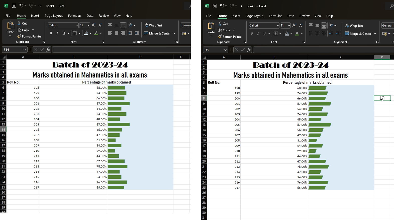 Format Data bars in Excel 60 70