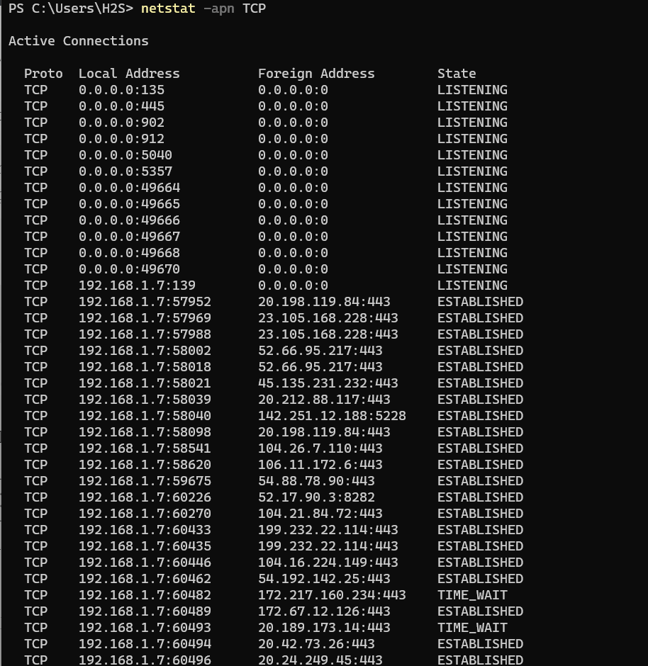 Filter and list only TCP ports using Netstat