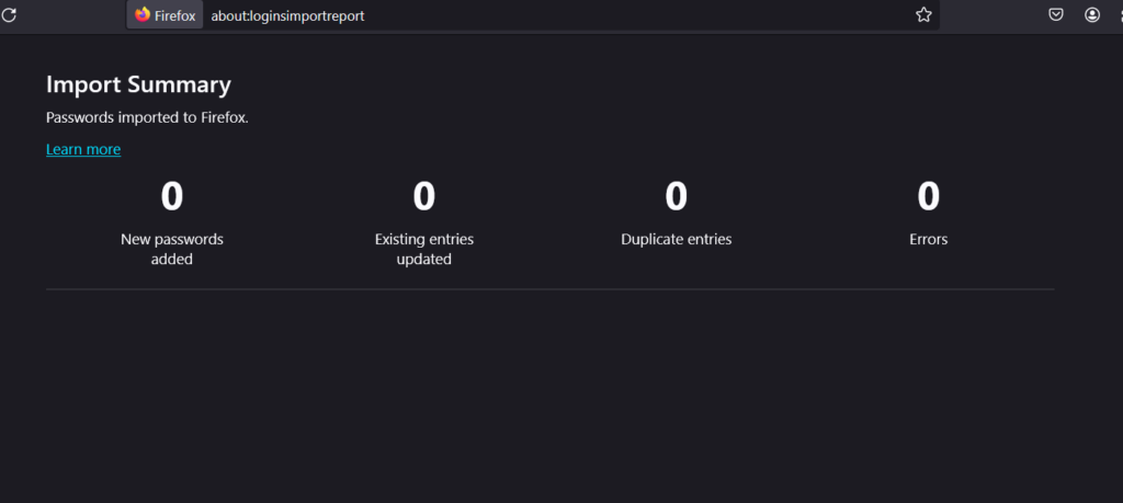 Firefox command to see logins import report