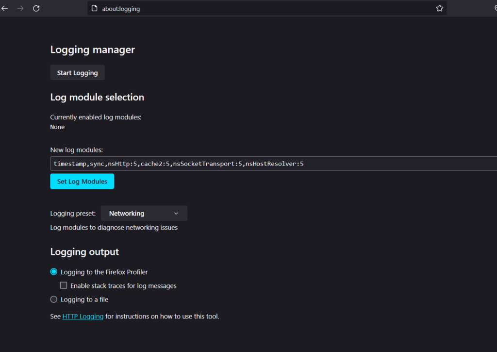 Firefox internal page to offer logs for various browser activities