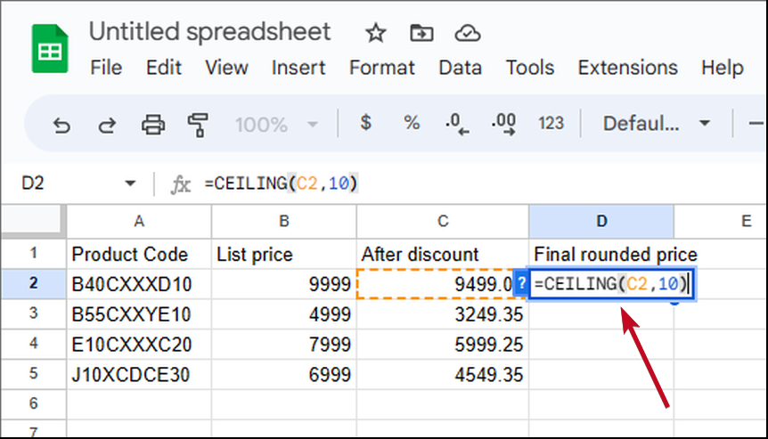 Use CEILING function in Google sheet or MS Excel