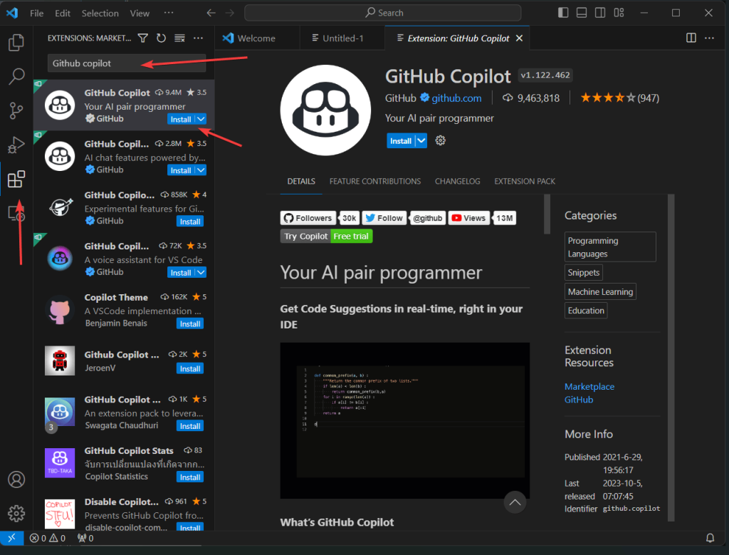 Install Github Copilot in Visual studio code