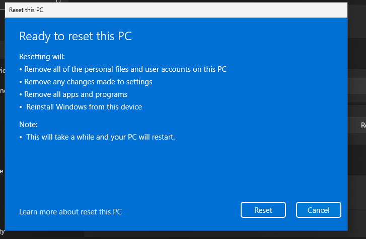 List of things Windows will remove while resetting