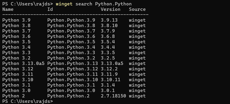List PYthon versions in Windows
