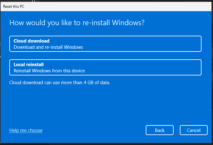 Reinstall Windows options