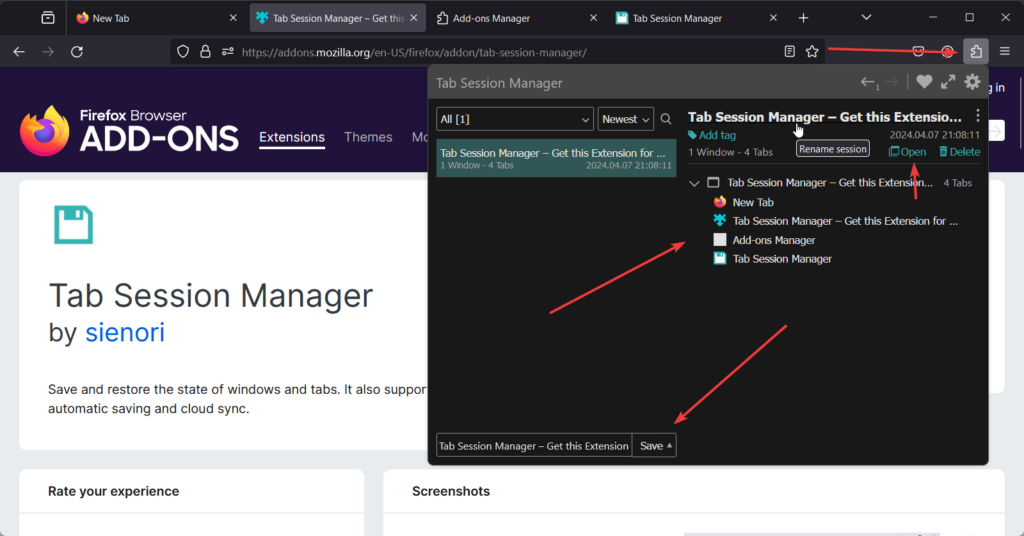 Reopen FireFox tabs usign extension