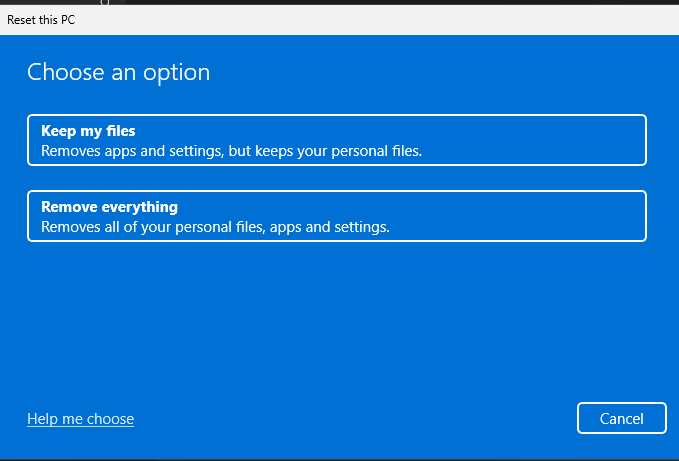 Reset options to remove file and data