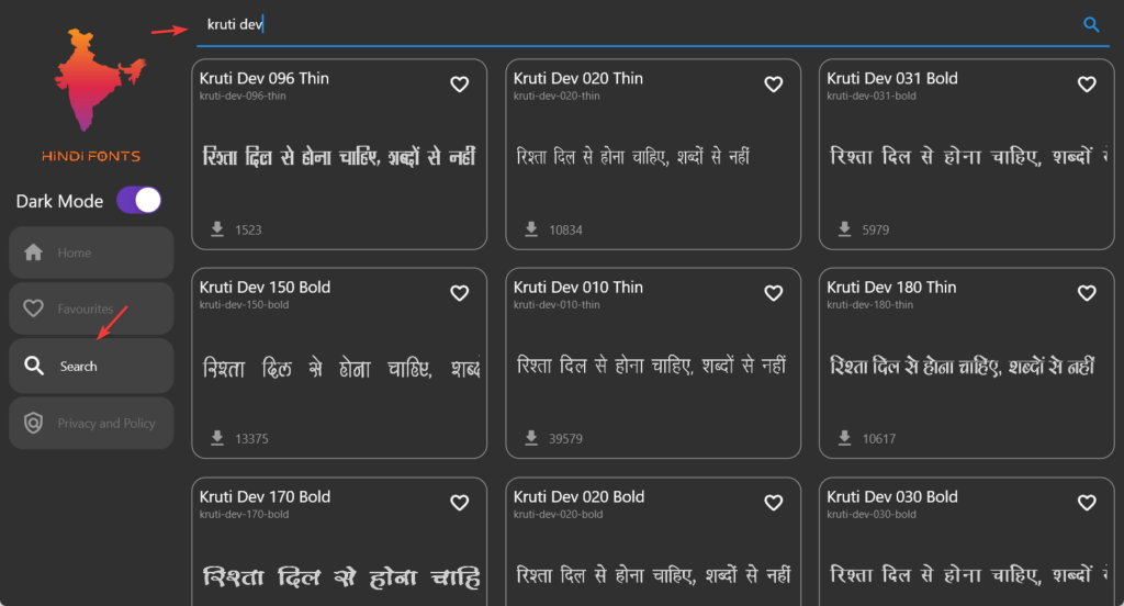 Search for Kruti Dev font