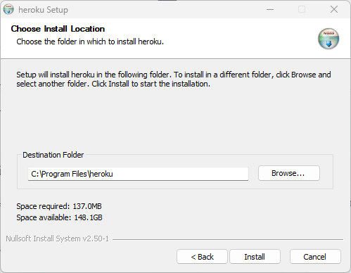 Select the destination folder to install heroku CLI