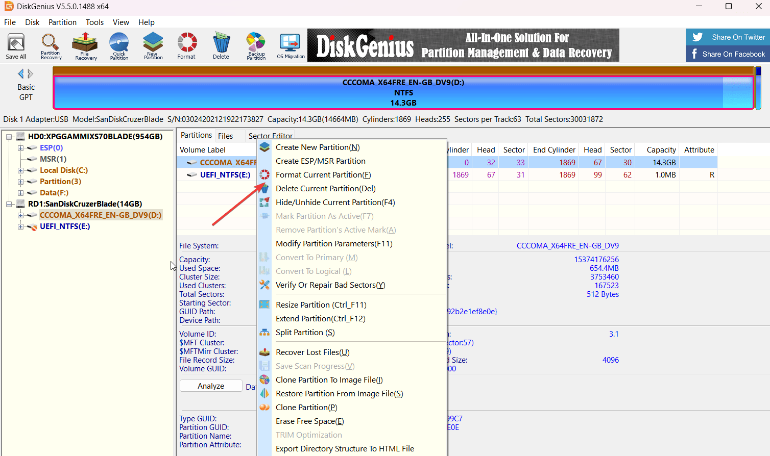 Select the Drive to Format using DiskGenius