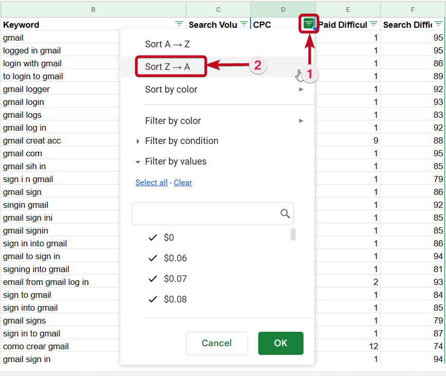 Sorting Google Sheet descending or ascending 