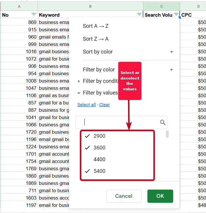 Filter data by value, condition or color