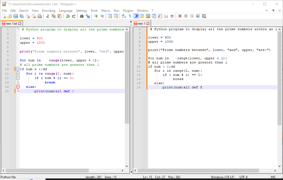 Split Screen featrure of NotePad++