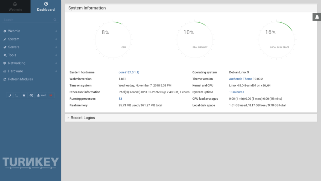 Turnkey NAS file server webmin_admin_dashboard