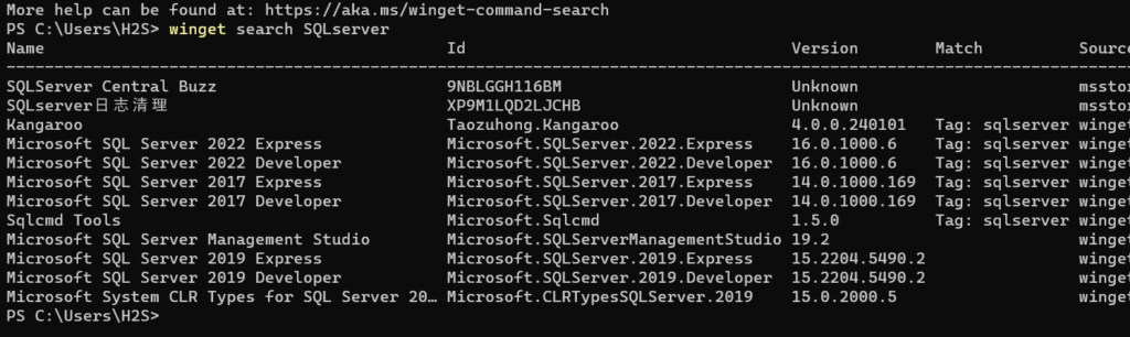 use winget to search SQL Server express