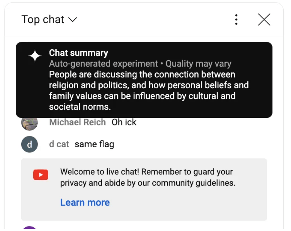 YouTube is experimenting with AI driven live chat summaries